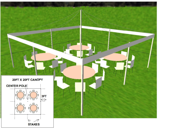 20 by 20 foot canopy layout with round tables