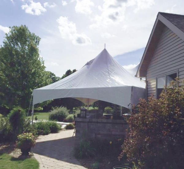 High peak frame tent in white for Fitchburg backyard party