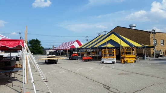 Striped party tents at street fair